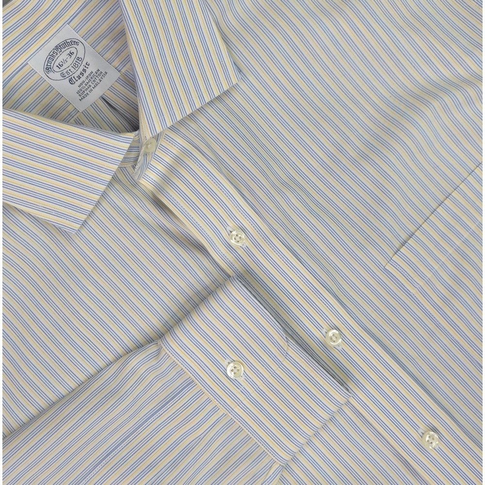 Brooks Brothers Shirt Mens 16.5 36 Yellow Blue Stripe Classic Non Iron Spread